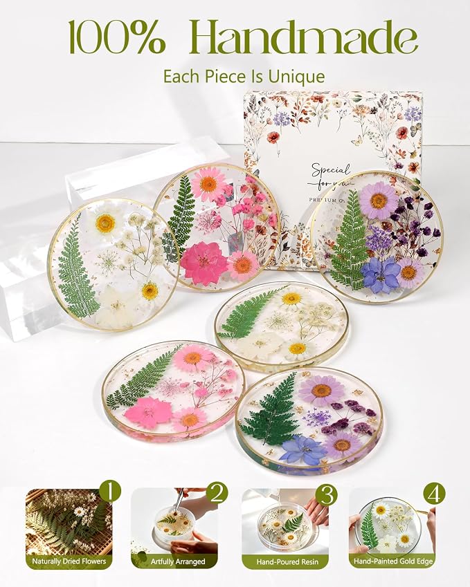 Oqplog Resin Drink Coaster for Desk Coffee Table-Pink Cute Dried Flowers Cup - Image 7
