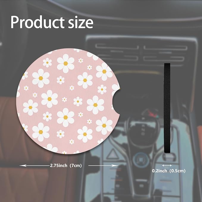 2pcs Cute White Flowers Car Coasters, Absorbent Universal neoprener Cup Holder - Image 2