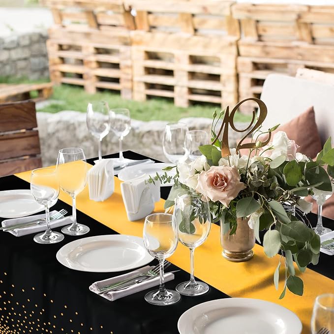 12Pack Disposable Plastic Tablecloths and Satin Table Runner Set Black and Gold - Image 5