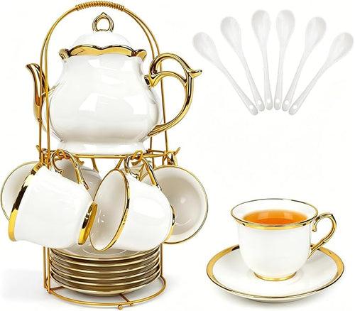 20 Pcs Porcelain Tea Set with Metal Holder, Adult Tea Set Gift, Large European by Hebaogugu
