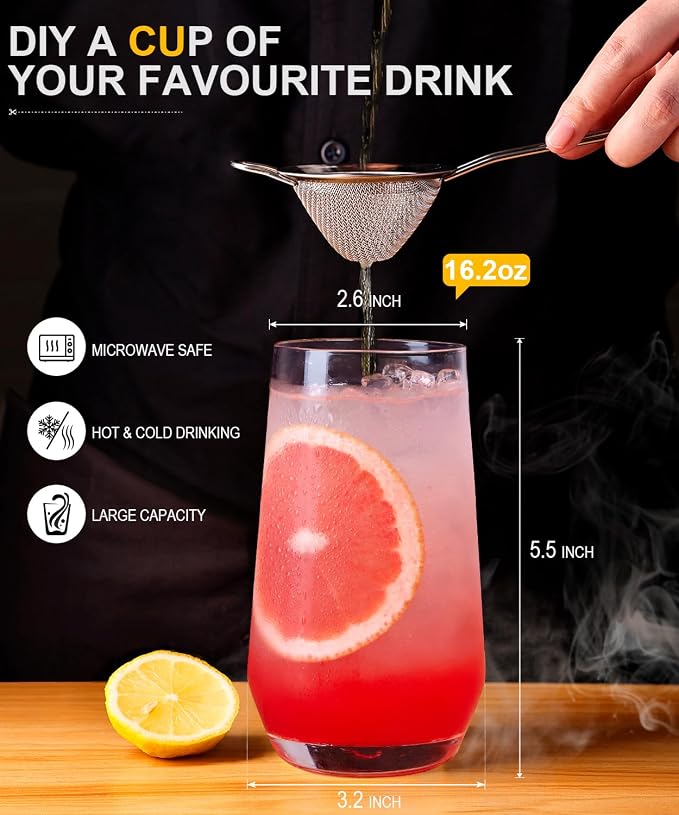 Drinking Water Glass Cups Set, Crystal Clear tall Glass cups set of 8, 16.2oz | - Image 2