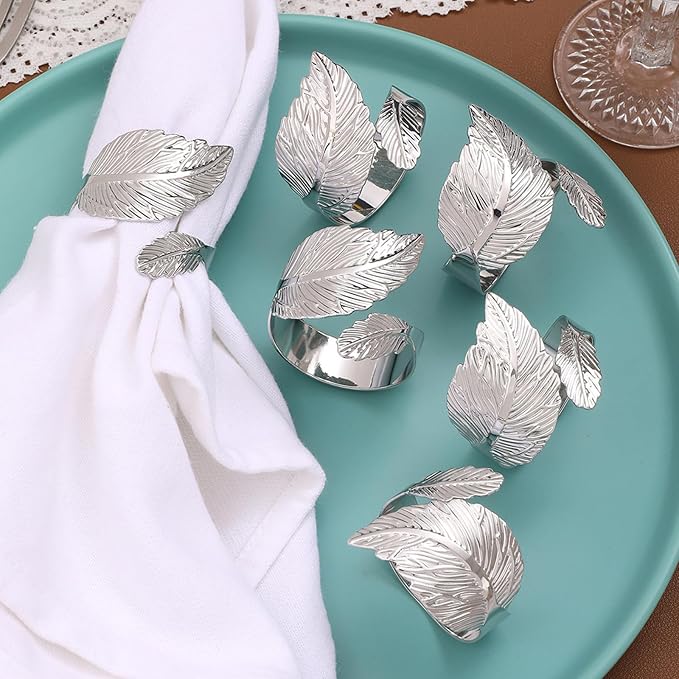 Silver Napkin Rings Set of 12, Shiny Metal Leaf Napkin Ring Silver Napkin Holder by MagicRealForBetterLife