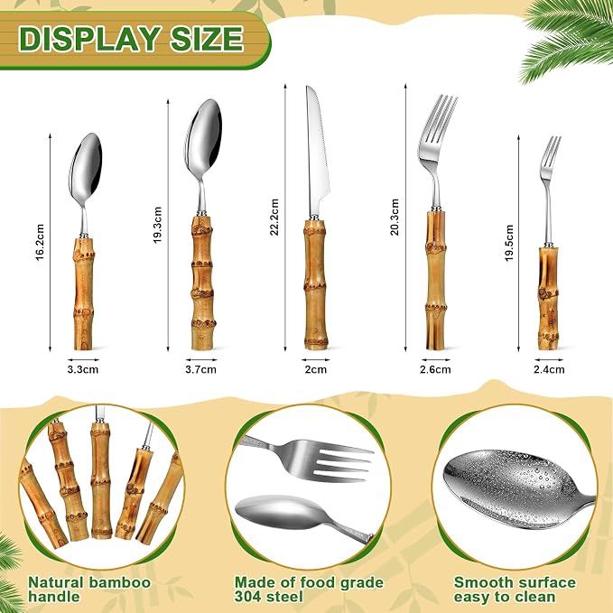 Eboot Bamboo Silverware Set 18/8 Stainless Steel Tableware Set Natural Utensil - Image 2