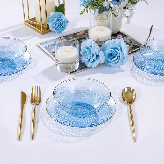 50 Pack 12 Ounce Blue Plastic Bowls Hammered Clear Bowl - Image 2
