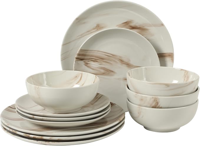 Gibson Home Cloudlight 12 Piece Plates and Bowls Dishes Brown and White by GibsonHomewares