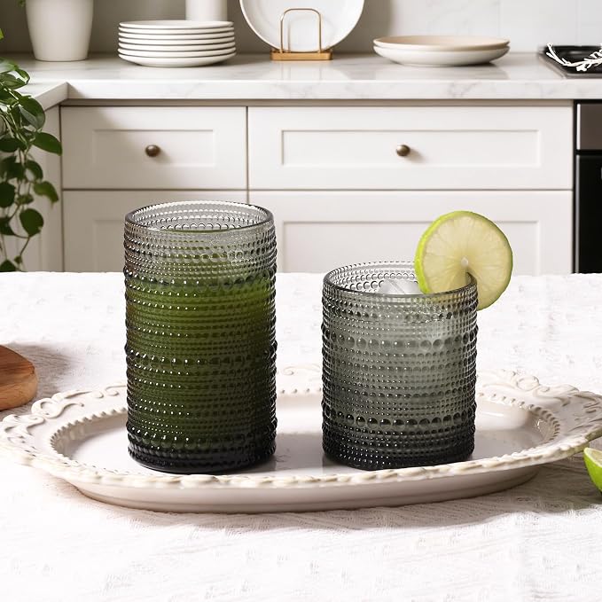 Moretoes Gray Hobnail Drinking Glasses Set of 6, Glass Cups | 12 Oz Highball - Image 2