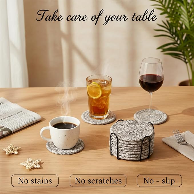 Drink Coasters Set of 8 with Holder, Cotton Woven | Absorbent cotton woven - Image 3