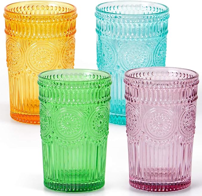MDLUU Colored Glassware, Embossed Water Glasses, Colored Tumblers Glass by MDLUU