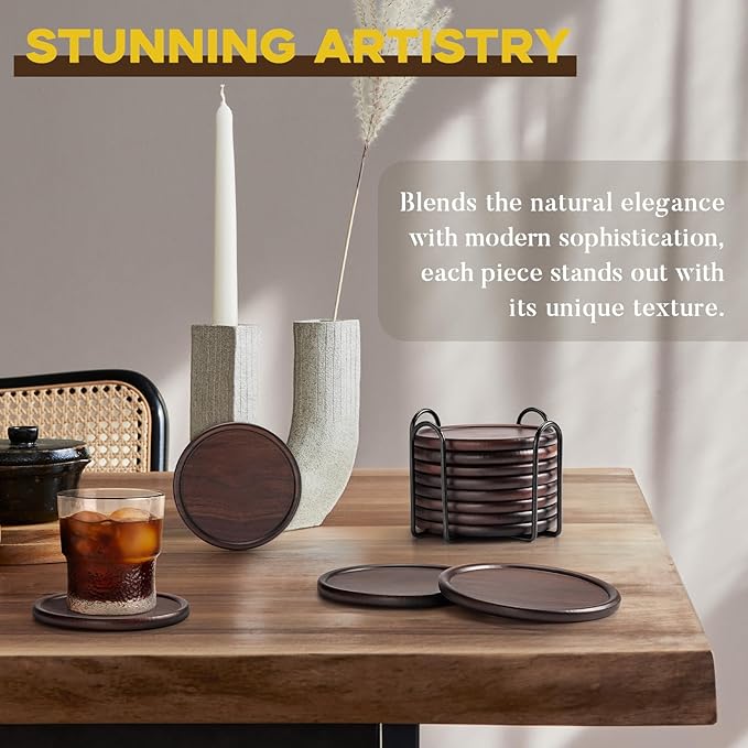Wood Coasters with Metal Holder, GOH DODD Set of 8 Walnut Wooden Coaster - Image 3