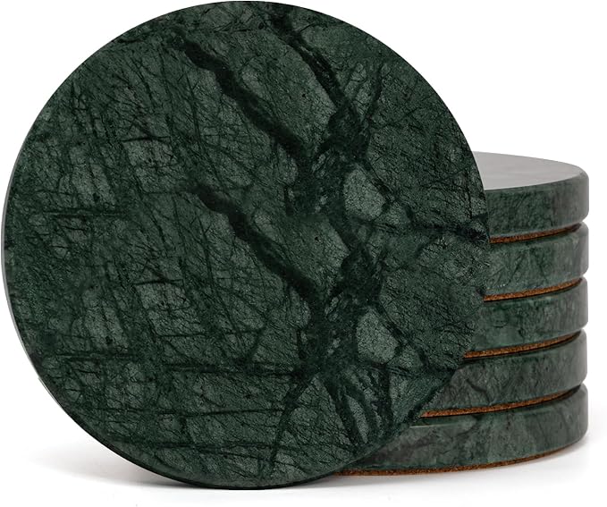 Dark Green Marble Coasters Set of 6, Modern Luxury Drink Coaster by YONGHEE