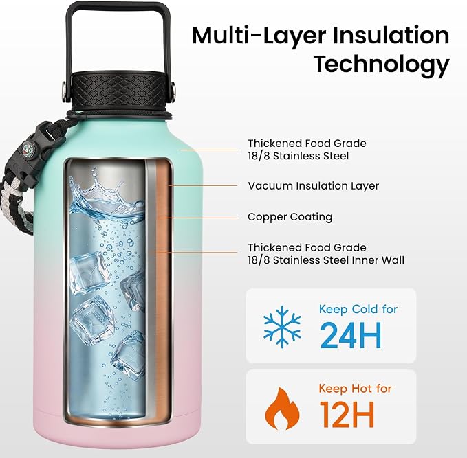 Konokyo 50 oz Insulated Stainless Steel Water Bottle Jug - Image 3