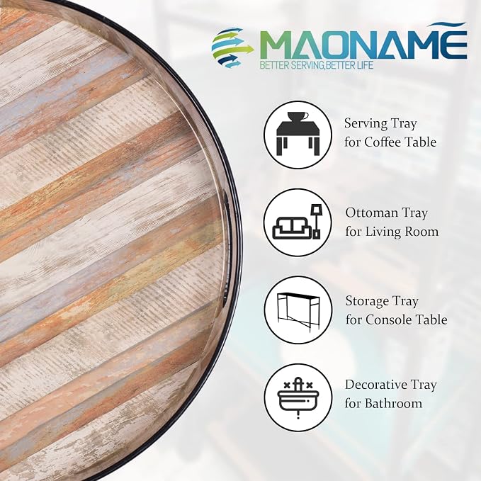 13" Round Decorative Tray, Faux Wood Serving Tray - Image 4