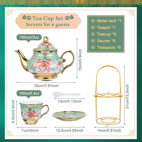 20 Pcs Porcelain Tea Set with Metal Holder, Adult Tea Set Gift, European - Image 2