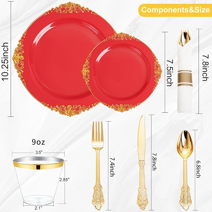 Nervure 350Pcs Red Plastic Plates, Disposable Dinnerware Set - Image 9