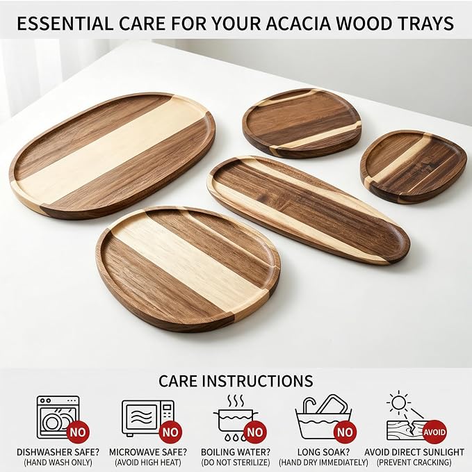 Okllen Set of 5 Small Acacia Wood Serving Platter and Trays, Irregular Oval - Image 4
