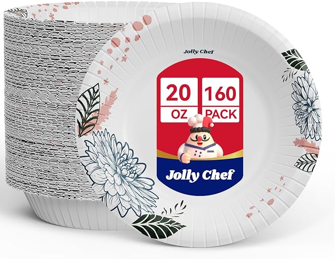 160 Count Paper Bowls 20 oz Soak Proof and Cut Proof Microwave Safe Heavy Duty by JOLLYCHEF