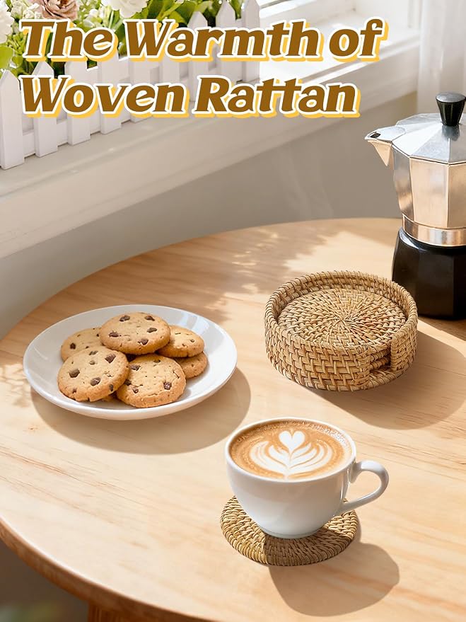 4Pcs Handmade Natural Rattan Coasters Set - Image 2