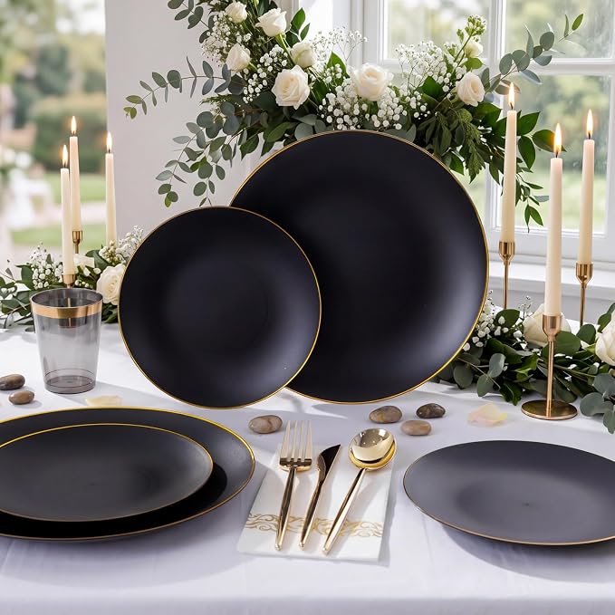 EI 350Pcs Black and Gold Matte Frosted Plastic Plates Disposable Heavy Duty - Image 7
