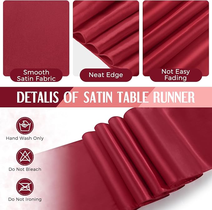 8 Pack Black and Maroon Disposable Plastic Tablecloths and Satin Table Runner - Image 4