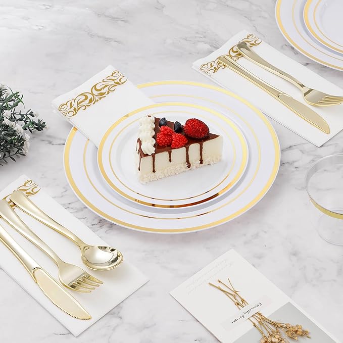 BESTVIP 175 PCS Disposable White and Gold Plastic Plates - Image 3