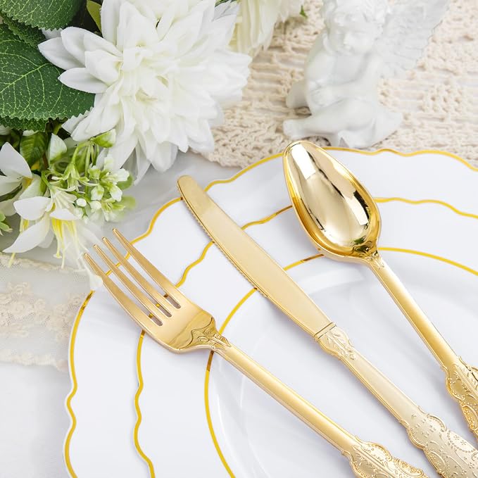 350PCS Gold Plastic Plates-Disposable White and Gold Plates 50guest Baroque - Image 2