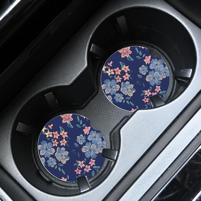 2pcs Cute Blue Flowers Car Coasters, Absorbent Universal neoprener Cup Holder - Image 3