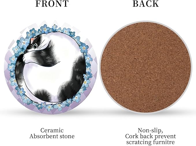 Ceramic Coasters Absorbent Non Slip 6pcs 4 Inch Coaster Lazy Cats | Drink - Image 4