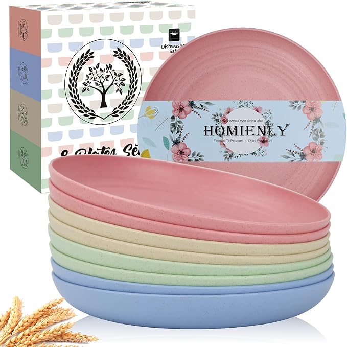 Deep Dinner Plates Set of 8 Unbreakable Wheat Straw Plates Plastic Reusable by HOMIENLY