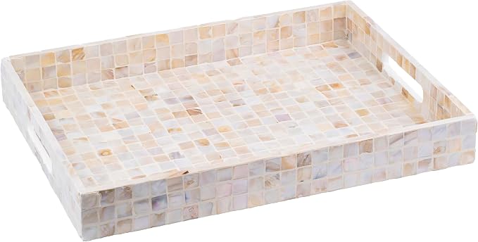 PEMAR Rectangular Mother of Pearl Serving Tray Nacre Wood Lap Ottoman Tray by PEMAR
