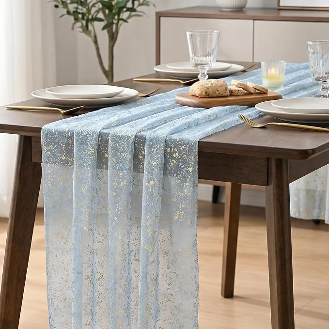 Artoid Mode 6PC Gold Gauze Light Blue Table Runner 120 Inch 10FT, Glitter - Image 6