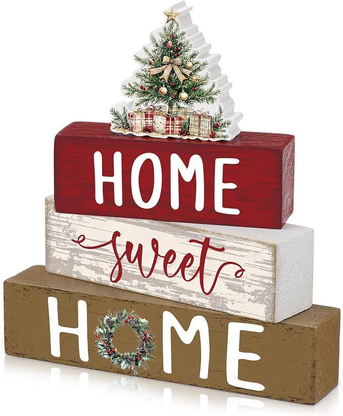 Cinnvoice 4 Pcs Red Christmas Tree Wooden Block Decor Winter Farmhouse Tiered by Cinnvoice
