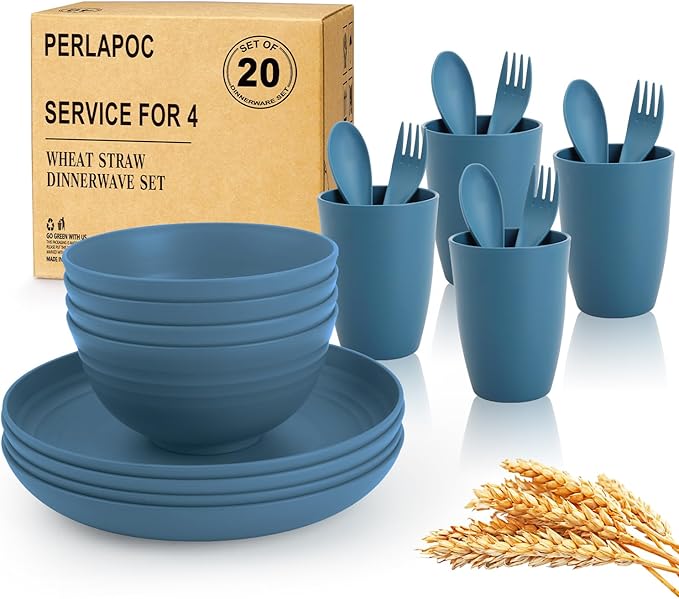 Wheat Straw Dinnerware Sets for 4, Reusable Plastic Dinner Plates, Unbreakable by Perlapoc
