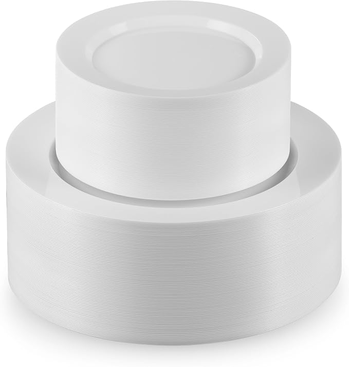 100 White Plastic Plates Set, Elegant Fancy Heavy Duty Disposable Plates by Munfix