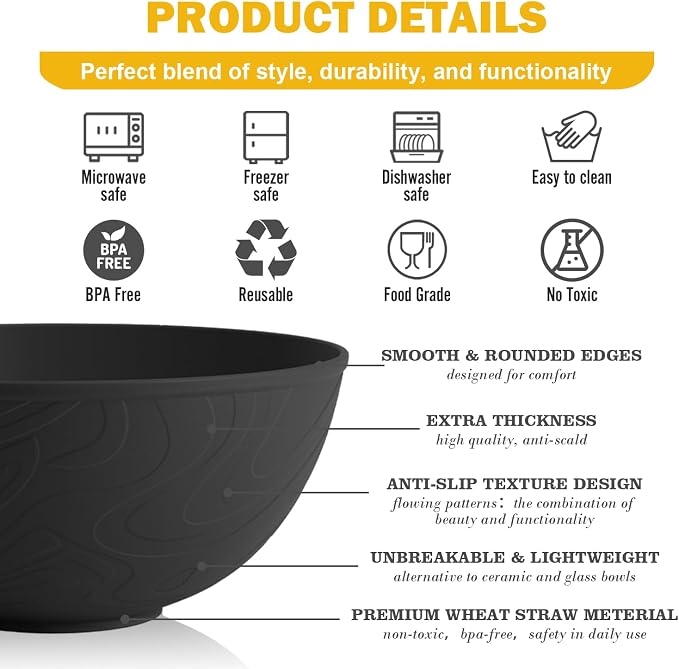 Unbreakable Cereal Bowls 40 OZ, Wheat Straw Bowls Set of 6, Anti Scald Extra - Image 4