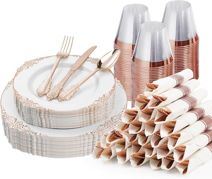 Bestluck 175PCS Rose Gold Disposable Dinnerware by Bestluck