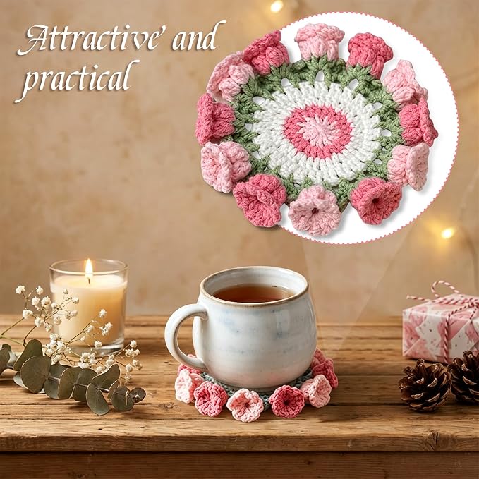 Handmade Crochet Flower Coaster Set, Soft Absorbent Non-Slip Drink Coasters - Image 6