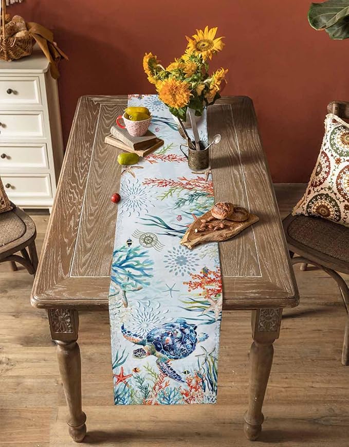 Sea Turtle Coastal Table Runners 36 Inches Long, Summer Beach Coral Table - Image 4