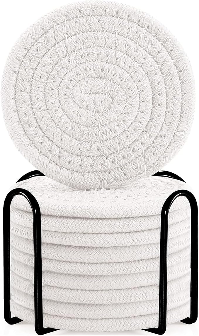 ABenkle Drink Coasters with Holder Set of 10, Cotton Woven Absorbent Coasters by ABenkle