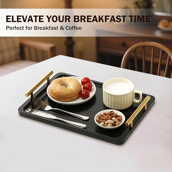 PEKER Wooden Serving Tray with Metal Handles, Ottoman & Home Décor, Wooden Food - Image 2
