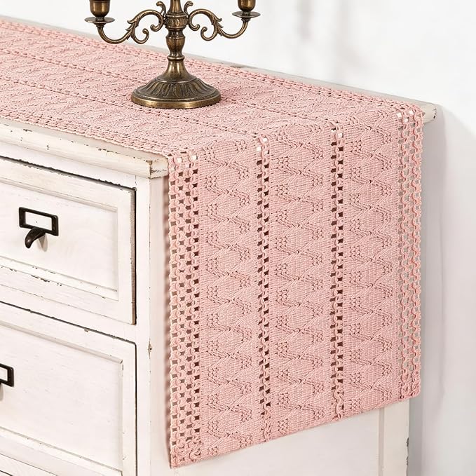 MLMC Pink Boho Table Runner Farmhouse Macrame Woven Table Runner 12x60 Inch | - Image 2