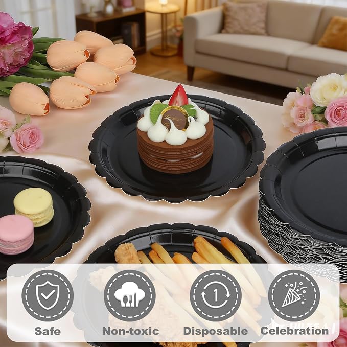 52 Pcs Black Paper Plates 7 Inch Scalloped Dessert Plates - Image 5