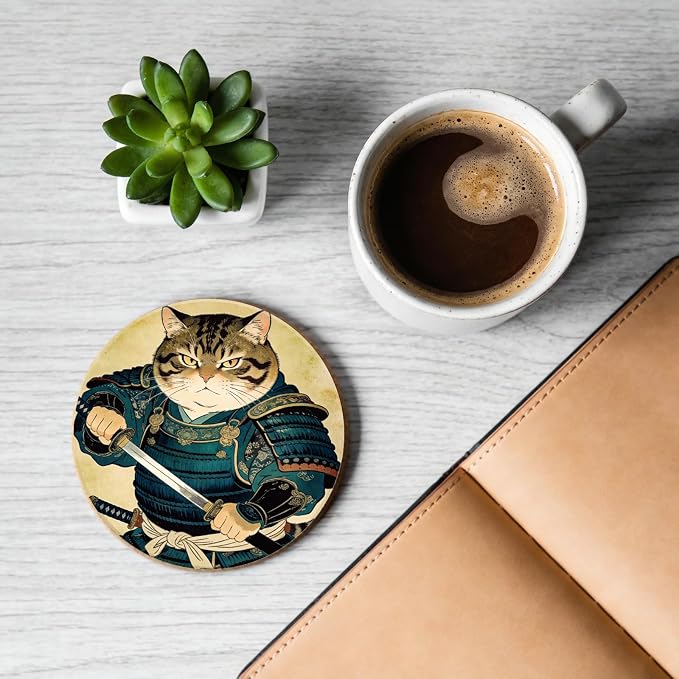10pcs Coasters for Drinks Cute Samurai Cat Absorbent Coasters Set Round - Image 5