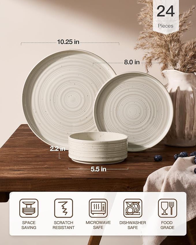 Stoneware Dinnerware Sets for 8, Reactive Glaze Plates & Bowls, Shell Beige | - Image 7