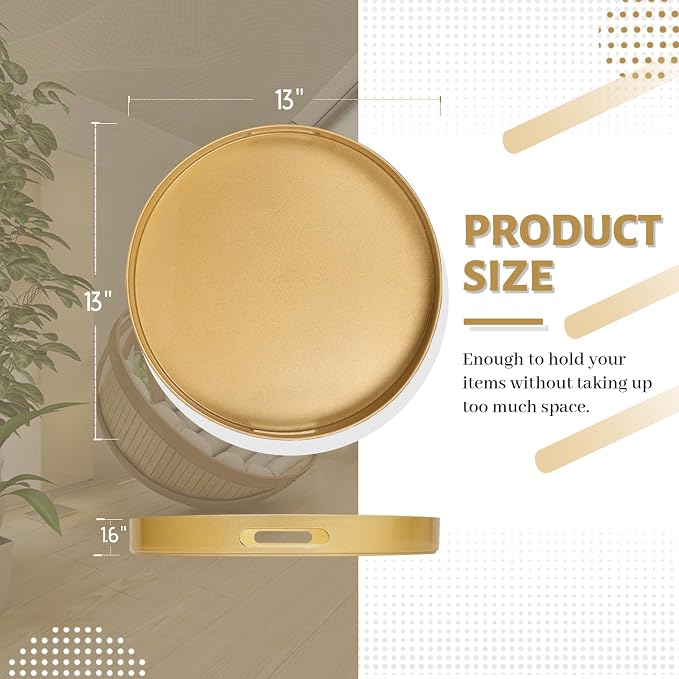 13" Gold Decorative Tray, Plastic Round Serving Tray - Image 2