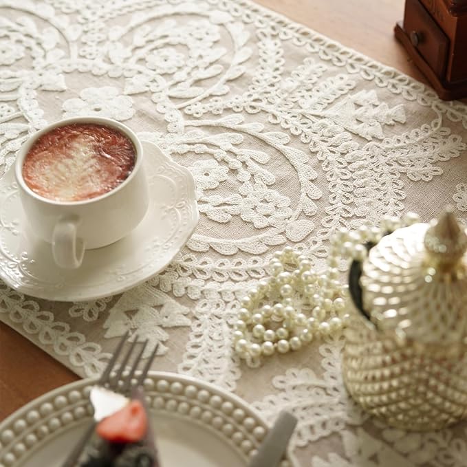 Long Table Runner Embroidered Rustic Decor, 4 Tassel Pendants, Holiday Display - Image 5