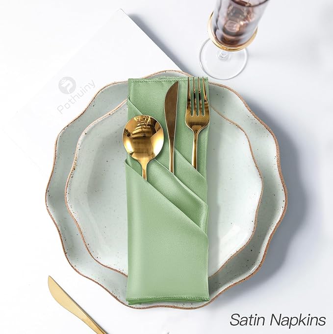 P Pothuiny 24 Pcs Sage Green Satin Napkins 17 x 17 in, Satin Cloth Napkins | - Image 5