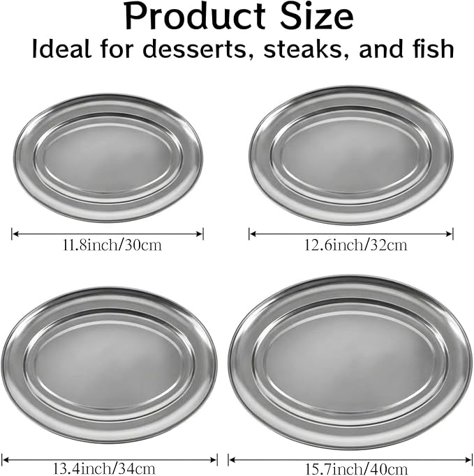 4 Pcs Stainless Steel Serving Tray, 11.8" 12.6" 13.4" 15.7" Heavy Duty Metal - Image 3