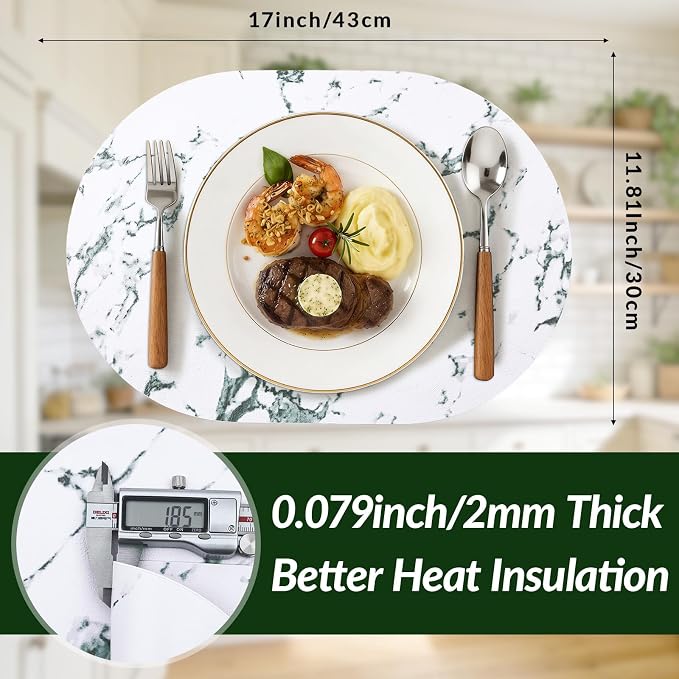 Placemats Set of 6, 11.8 x 17 Inch, Marble | Heat Resistant Oval Faux Leather - Image 3