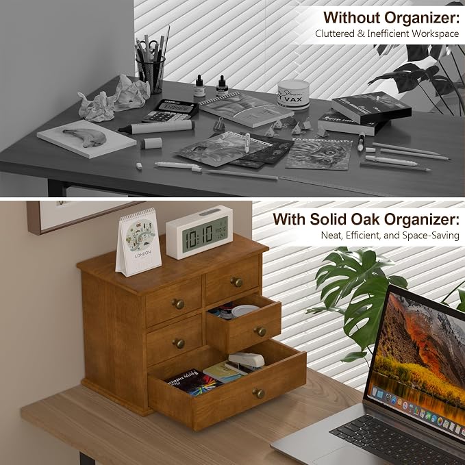 Oak Desk Organizer with Drawers, Durable Wooden Desktop Storage Box | 5 Drawer - Image 5
