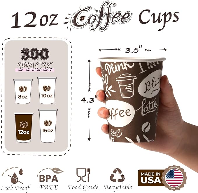 Fit Meal Prep 12 oz Coffee Cups 300 Count, Leak-Proof Hot Cup, Disposable Paper - Image 2